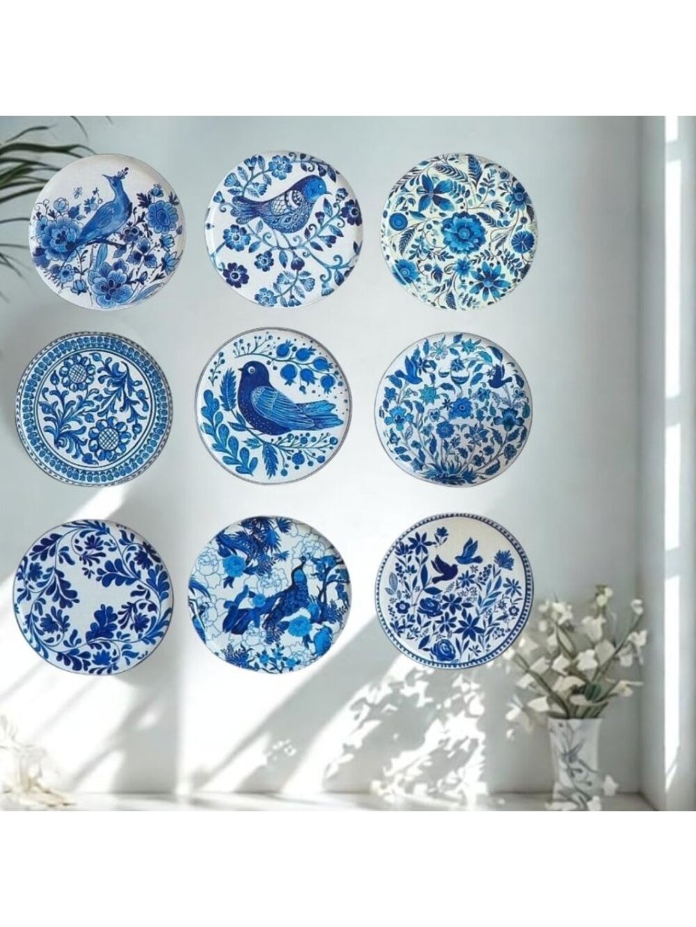 Set of 9 Blue & White Delft Wall Plates | 10” Dutch Art Decor | Windmill & Tulip